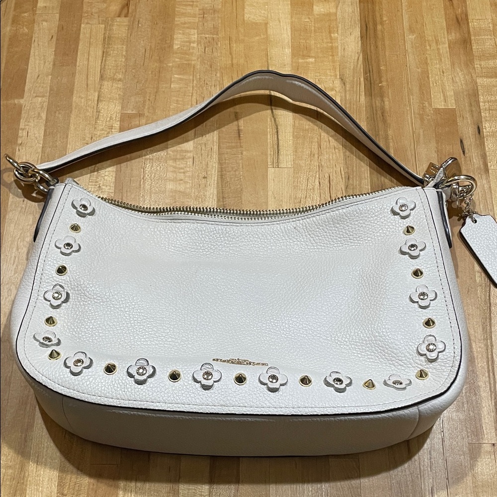 Coach Cream Leather Shoulder Bag with Floral Accents